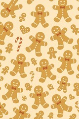 Cute Gingerbread Cookies Christmas Seamless Pattern on Warm Beige Background for Holiday Wrapping Paper and Festive Design