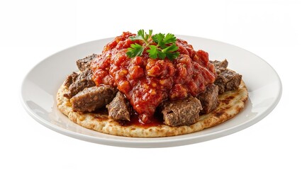 Fototapeta premium Plate of beef stew served on flatbread topped with tomato sauce and garnished with cilantro. Traditional dish, savory, and hearty.