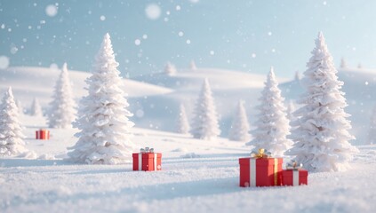 Magical winter landscape with red Christmas gifts, gold baubles, and snowy fir trees. Festive holiday background with falling soft snow.