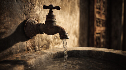An old, rustic water tap was mounted on the weathered wall, a steady stream of water falling into a stone basin.
