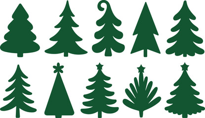 Green Tree Silhouettes Vector Set Collection of Evergreen Pines, Christmas Trees, and Deciduous Foliage Icons