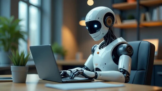 Video A robot sits at a desk with a laptop open, possibly working or learning