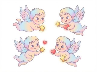 A whimsical set of four flying baby angels, illustrated in soft pastel vector art, holding glowing hearts and stars, isolated on a clean white background.