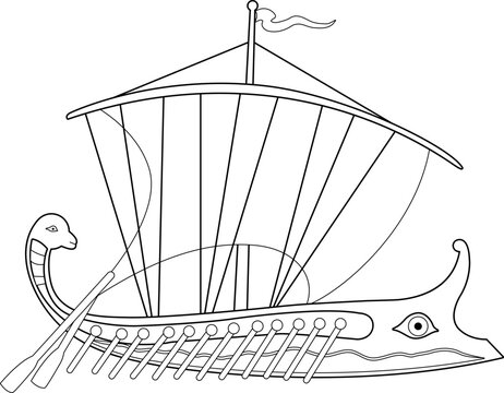 Ancient Greek trireme in the sea. Greek trireme ship sailing on the sea. Stylized illustration symbol. Vector black and white coloring page.