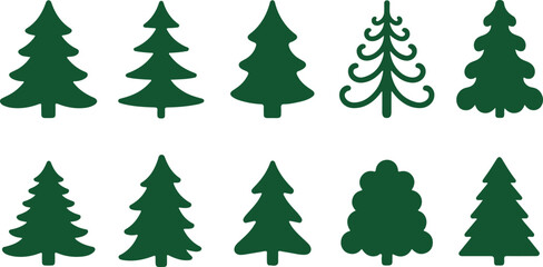 Obraz premium Green Tree Silhouettes Vector Set Collection of Evergreen Pines, Christmas Trees, and Deciduous Foliage Icons