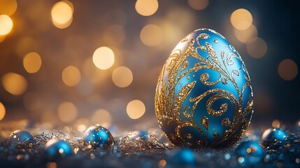 A beautiful blue and gold easter egg with intricate patterns and sparkling bokeh lights