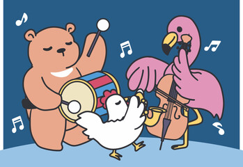 Whimsical Animal Musical Party Scene Cartoon. Ideal for children content, music party graphics, posters, playful and fun animal designs.