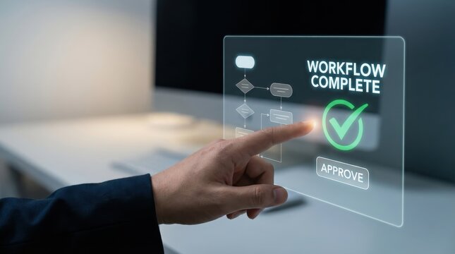 Hand taps a holographic workflow complete screen with approval check. Human AI Collaboration concept