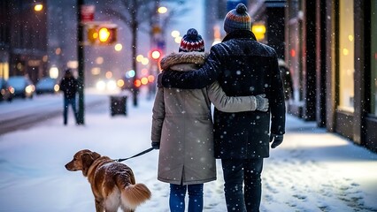 A couple walks arm-in-arm with their dog down a snowy city street during winter, with buildings and streetlights in the background.