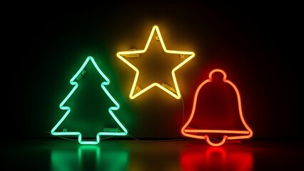Three glowing neon Christmas symbols: a green tree, a yellow star, and a red bell on a dark reflective surface.