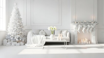 A pristine white living room decorated for Christmas with a tree, sofa, and fireplace.