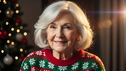 Smiling Senior Woman in Festive Christmas Sweater with Holiday Lights in Background.