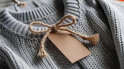 Closeup of gray sweater with brown tag and twine bow