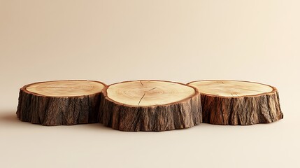 Three natural wooden stumps arranged as a rustic product display podium on a minimal background