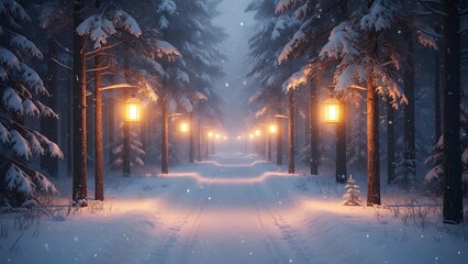 A serene winter forest path illuminated by warm streetlights under falling snow.
