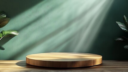 Natural sunlight streams over a round wooden podium and a textured green wall background