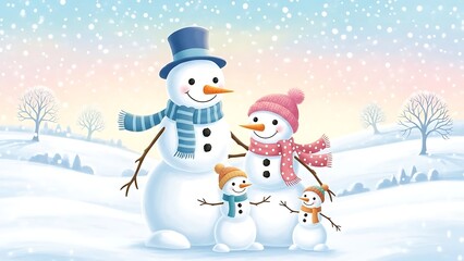 A charming illustration of a snowman family, including parents and two children, standing together in a serene snowy winter landscape with gentle hills and falling snowflakes.