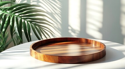 A minimalist wooden tray on a white surface capturing beautiful natural light and shadow play