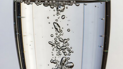 Close-up view of clear water with numerous bubbles rising in a transparent glass against a light background.