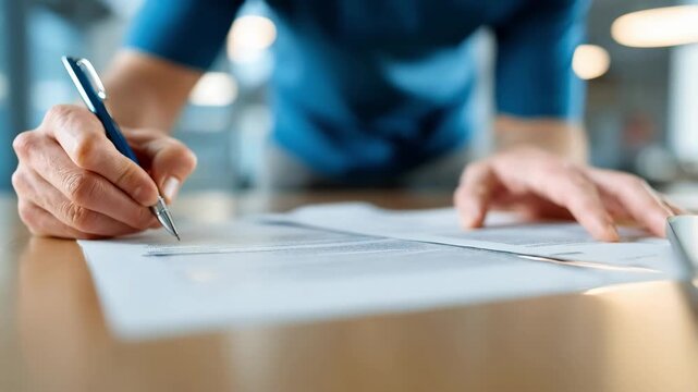 Professional reviewing financial documents to ensure adherence to regulatory standards and trade compliance in a modern corporate office.