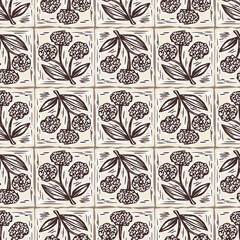Fototapeta premium Hand drawn bold floral bloom lino cut style seamless pattern background. Flat vector stylish design wildflower motif Patchwork block print. Rustic neutral organic feel for fabric textile linen look