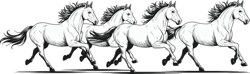 Dynamic illustration of galloping horses running in unison, showcasing powerful motion, freedom, energy, and elegance in a detailed black-and-white artistic style.