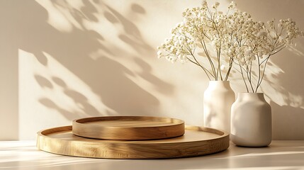 A minimalist composition of natural wooden trays and white flowers in vases
