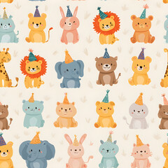Seamless cute jungle animal party pattern with lions, elephants, bears and giraffes in pastel colors &ndash; perfect for kids birthday and nursery decor