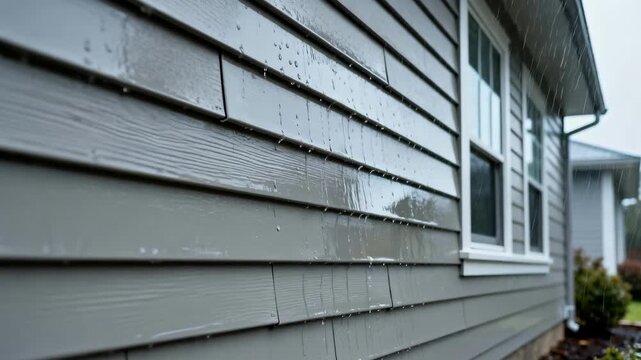 Medium shot of vinyl stormresistant cladding highlighting smooth durable panels protecting a modern homes exterior against heavy rain and wind.
