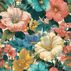 Colorful seamless tropical floral pattern with large blossoms and lush leaves &ndash; bold botanical design for summer textiles and fashion prints