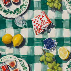 Hand-painted seamless picnic pattern with playing cards, fruits and checkered tablecloth &ndash; nostalgic vintage summer still life design