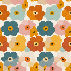 Seamless retro floral pattern with bold stylized flowers in mustard, blue and terracotta tones &ndash; mid-century modern design for textiles and wallpapers