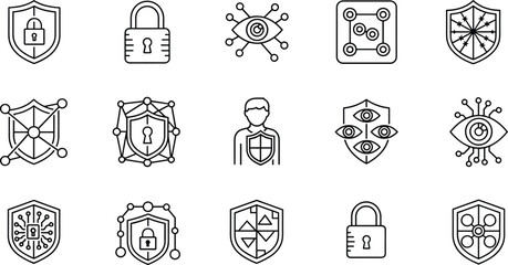 Essential Cybersecurity and Data Protection Vector Icons Set, Internet Security Technology, Digital Privacy and Network Safety Line Art Symbols, IT Management System, Minimal Flat Design Collection.