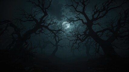 Dark night with moon and leafless trees, eerie and mysterious atmosphere, night scene.