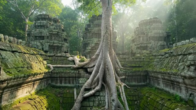 Majestic Ancient Temple Ruins Reclaimed by Nature in a Serene Jungle Setting
