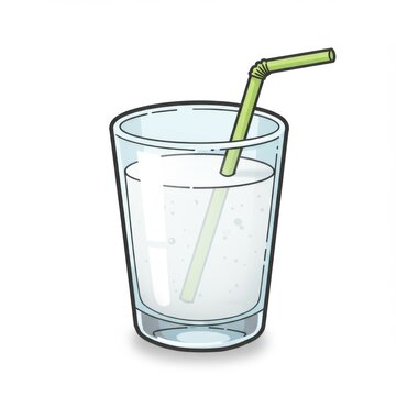 Clear Glass Filled with Water and a Green Straw in Simple Cartoon Style
