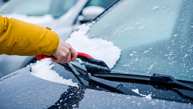 Clearing heavy snow and frozen ice from car windshield with scraper | Person scraping frozen windshield glass before driving | Routine of cleaning vehicle after winter snowfall morning |