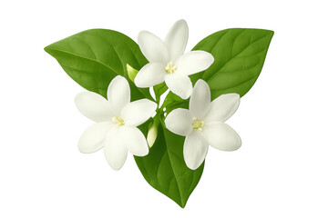 Fototapeta premium Jasmine flowers with green leaves, fresh white blossoms blooming, delicate floral plant element on transparent background
