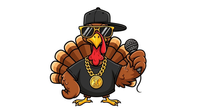 Funny Cartoon Rapper Turkey Wearing Sunglasses and Gold Chain Holding Microphone