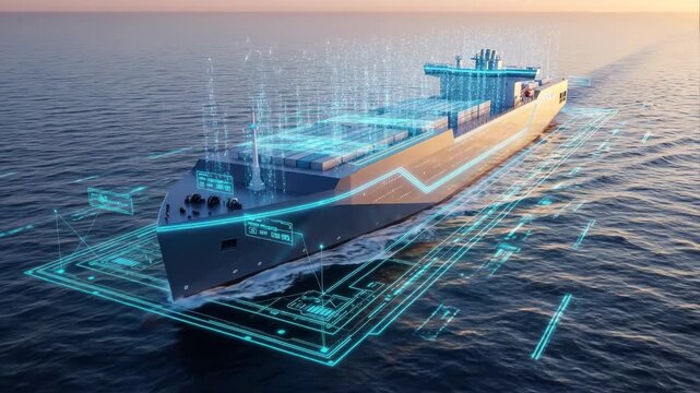 Autonomous cargo ship navigating the ocean with digital data overlay