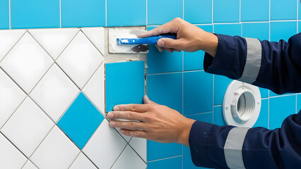 Professional worker installing blue ceramic tiles on wall | Tiling bathroom or swimming pool walls with adhesive | Handyman carefully laying decorative white and blue diamond pattern tiles 