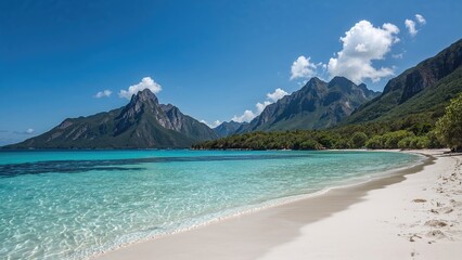 Tropical beach with turquoise water, white sand, and mountainous background under a partly cloudy sky