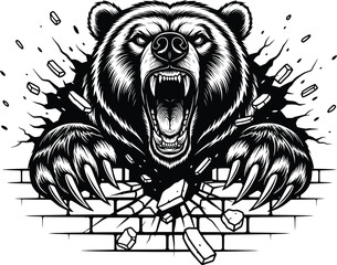 Angry Bear Breaking Brick Wall Illustration