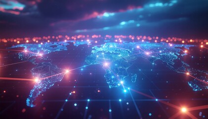 Explore the futuristic global cybersecurity network map with glowing neon blue and purple nodes. Perfect for visualizing digital transformation, cyber risk strategy, and secure global data exchange.