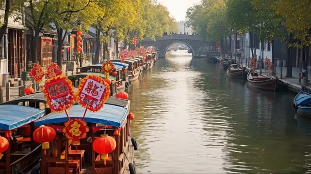 Festive Dragon Boat Decorations along Serene Canal During Cultural Celebrations