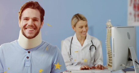 Smiling patient wearing cervical collar and henley shirt sitting in clinic, with spine model