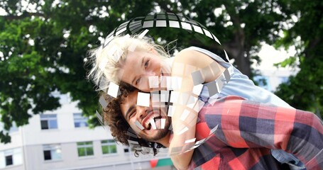 Smiling couple sharing piggyback ride in park, showing red plaid shirt, blue tank, mosaic overlay