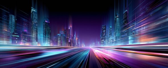 A Vivid Urban Landscape Illuminated by Neon Lights and Dynamic Motion Through a Futuristic City Skyline at Nighttime