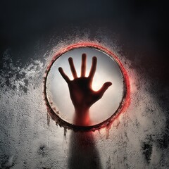 Disturbing horror logo with a hand pressed against a foggy surface