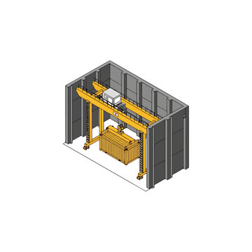 Gantry crane operating over a workstation.